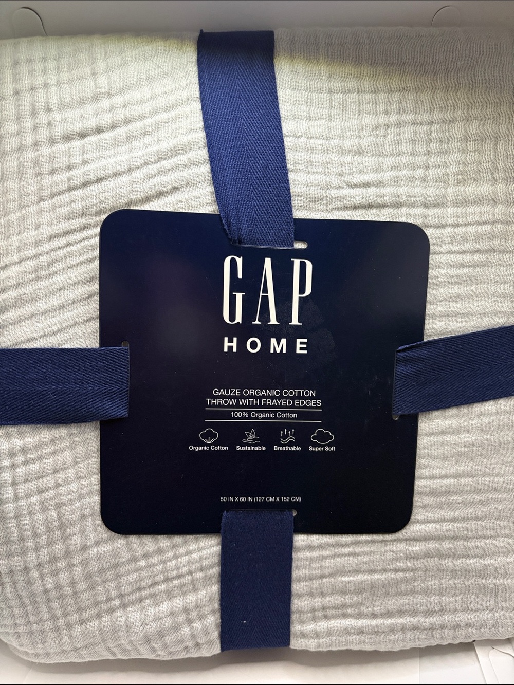 New GAP Home Organic Cotton Gauze Throw  with frayed edges gray 50X60